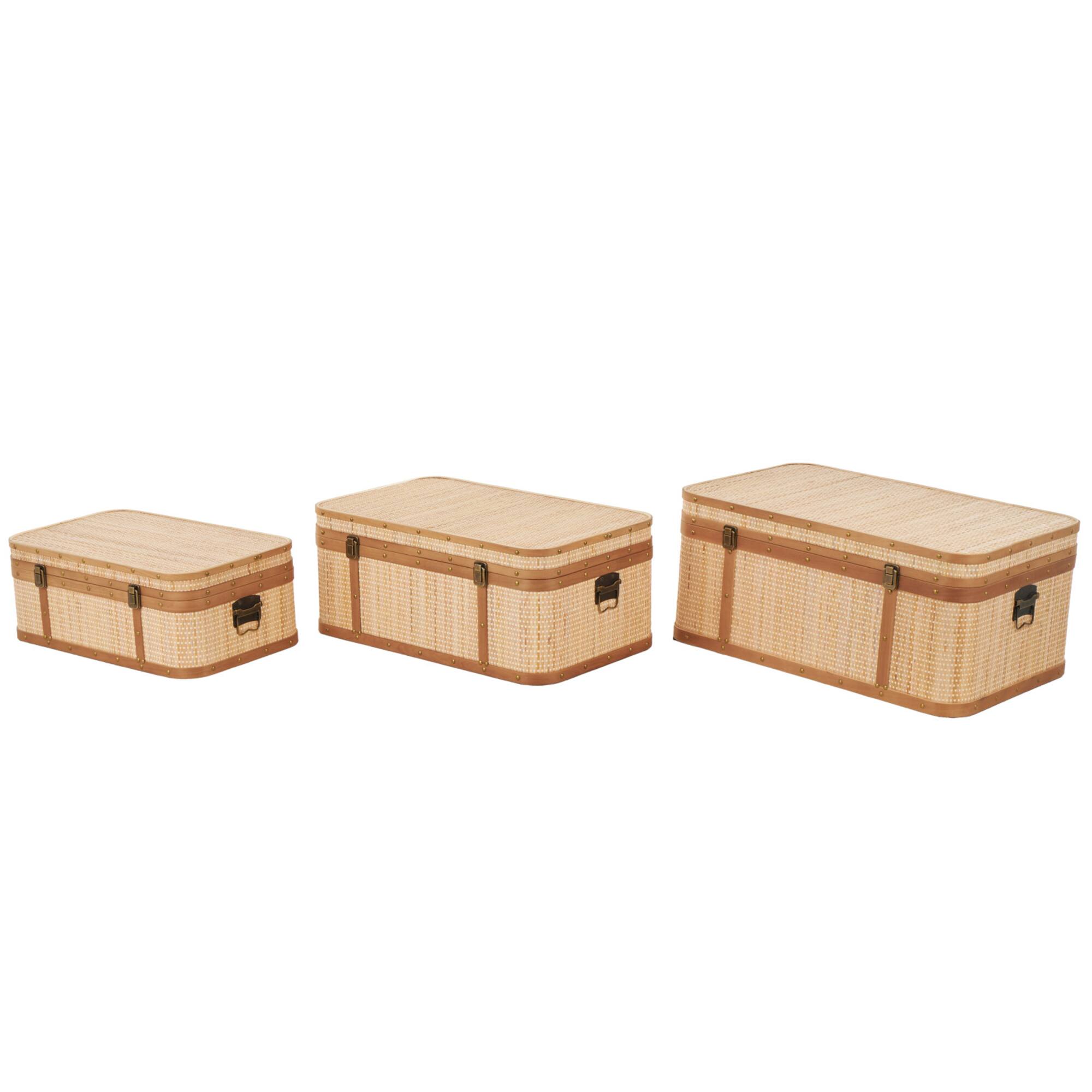 Light Brown Rattan Woven Decorative Trunk Set with Brass Metal Latches & Brown Wooden Accents